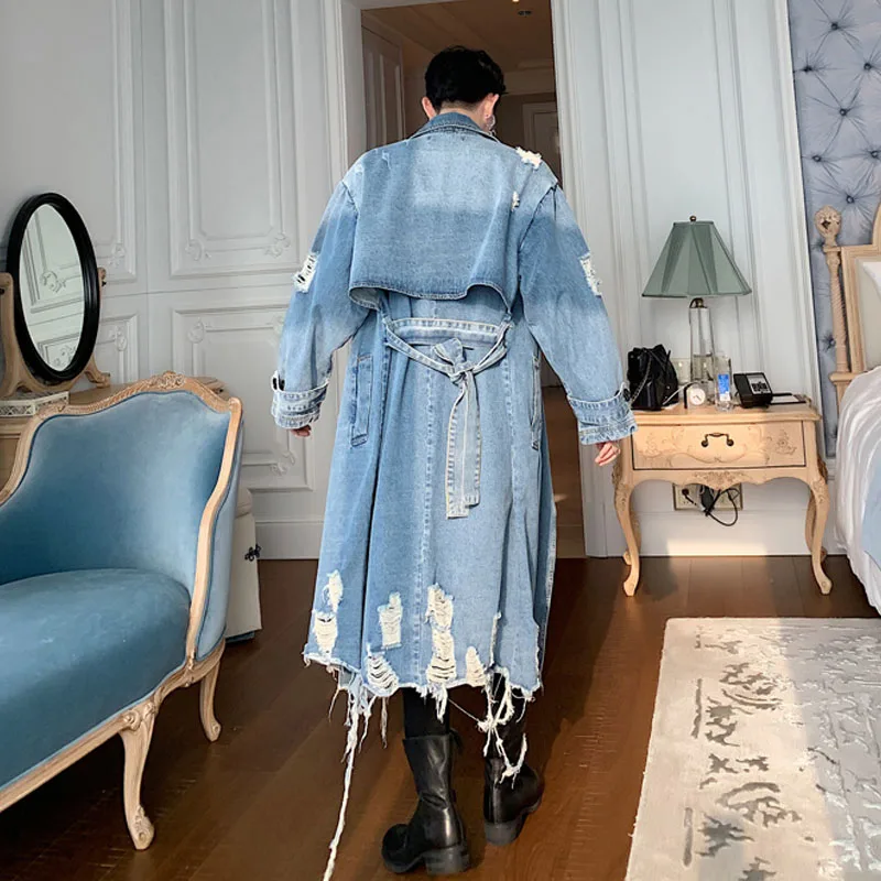 Мужская дырка панк готический джинсовый Тренч пальто винтажная мода уличная хип