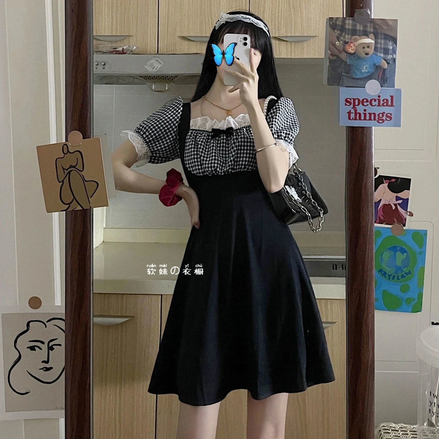 

Maid Dress Woman Summer Black Kawaii Plaid Mini Dresses Sweet Cute Lace Preppy Style Lolita Vintage Streetwear Outfits
