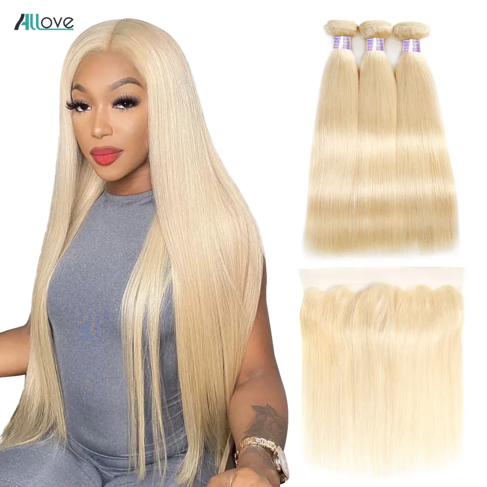 613 Bundles With Frontal Transparent Lace Closure With Bundles Honey Blonde Brazilian Straight Hair 3 Bundles With Closure Remy
