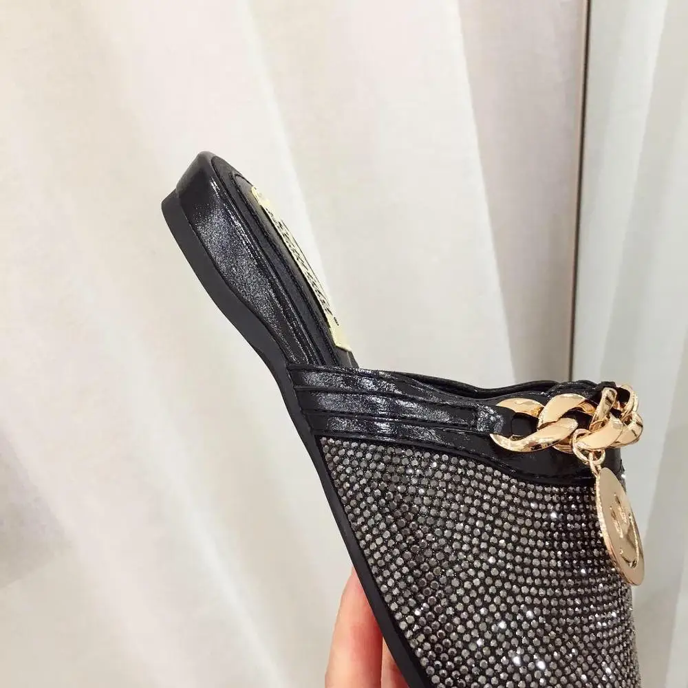 Шлепанцы стразы женские с острым носком металлическая цепочка Декор кристаллы