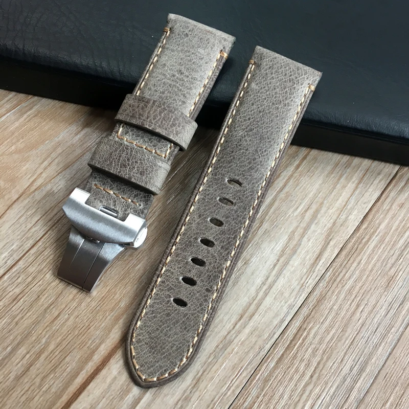With silver buckle AAA Качество 24 мм коричневый серый Винтаж Ретро Италия натуральная кожа ремешок для Panerai часы PAM ремень с Бабочкой Пряжка ремень - Цвет ремешка: With silver buckle