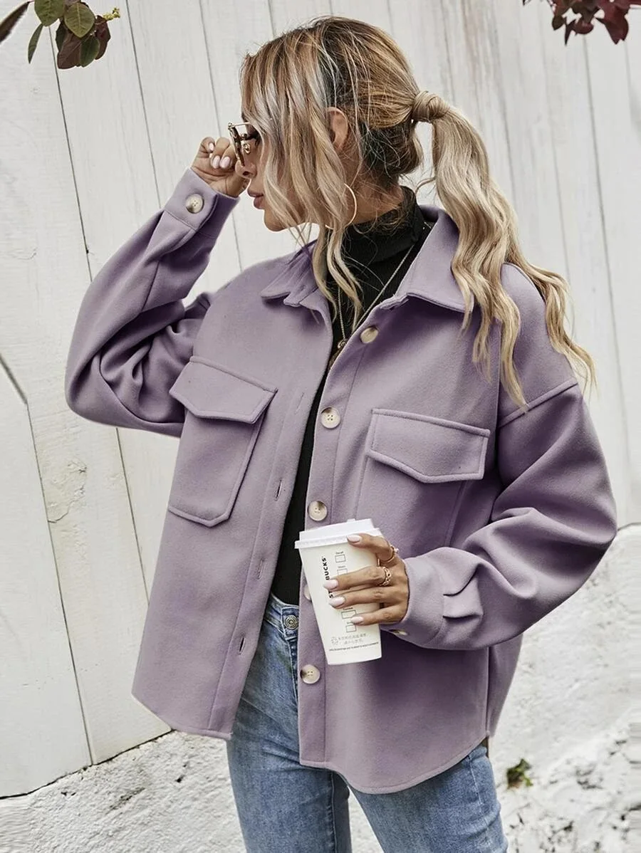 

Women Jackets Autumn Winter New Loose Casual Turn-down Collar Single Breasted Solid Woolen Coats for Women