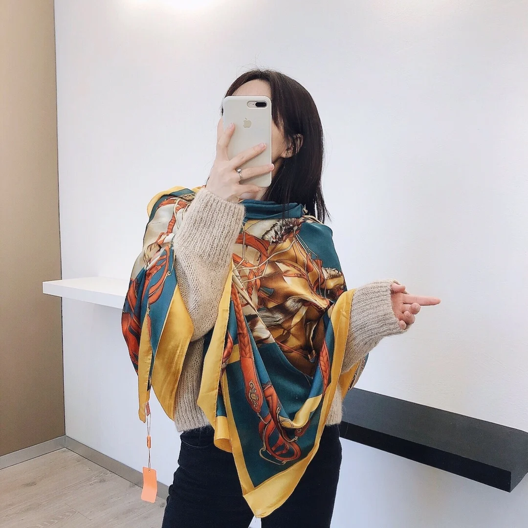 

Luxury Silk Scarf Women's Winter Handkerchief For Ladies 2021 Designer Bandana Shawl Hijab Elegant Headband Ring Hair Scarves