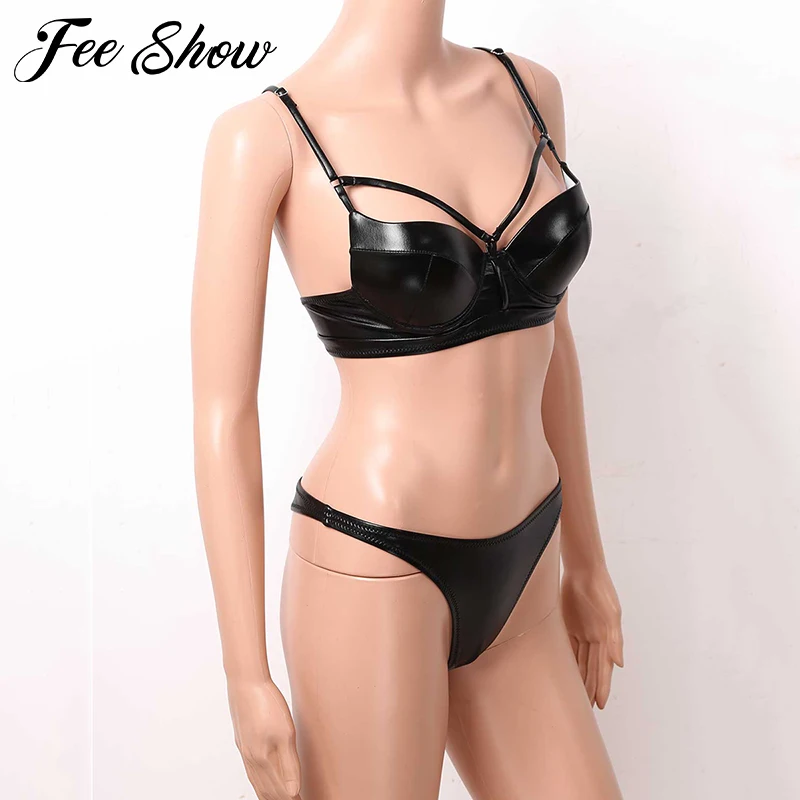 Комплект женского нижнего белья из яркой кожи однотонное бикини с разрезом и