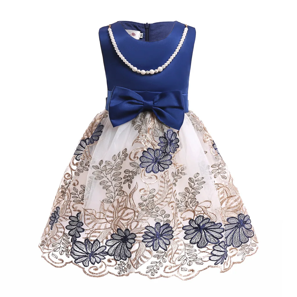 

2021 Girls Dress European and American New Embroidered Mesh Dress Little Girl Dress Sleeveless Pearl Chain Kids Dresses for Girl
