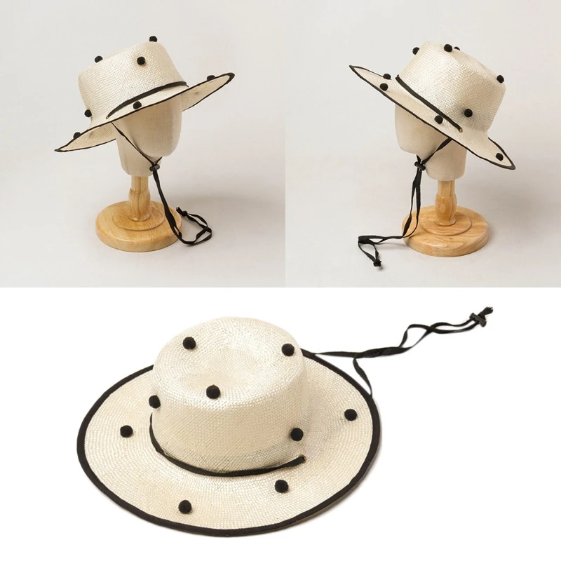 

Kids Summer Straw Sun Hat Cute Pompom Ball Wide Brim Beach Cap with Chin Strap LX9E