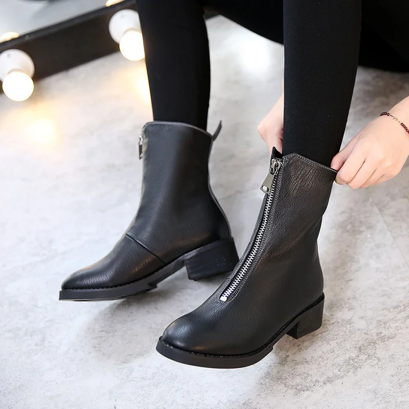 

winter new front zipper short tube women's leather boots round head thick with leather plus velvet student casual fashion boots
