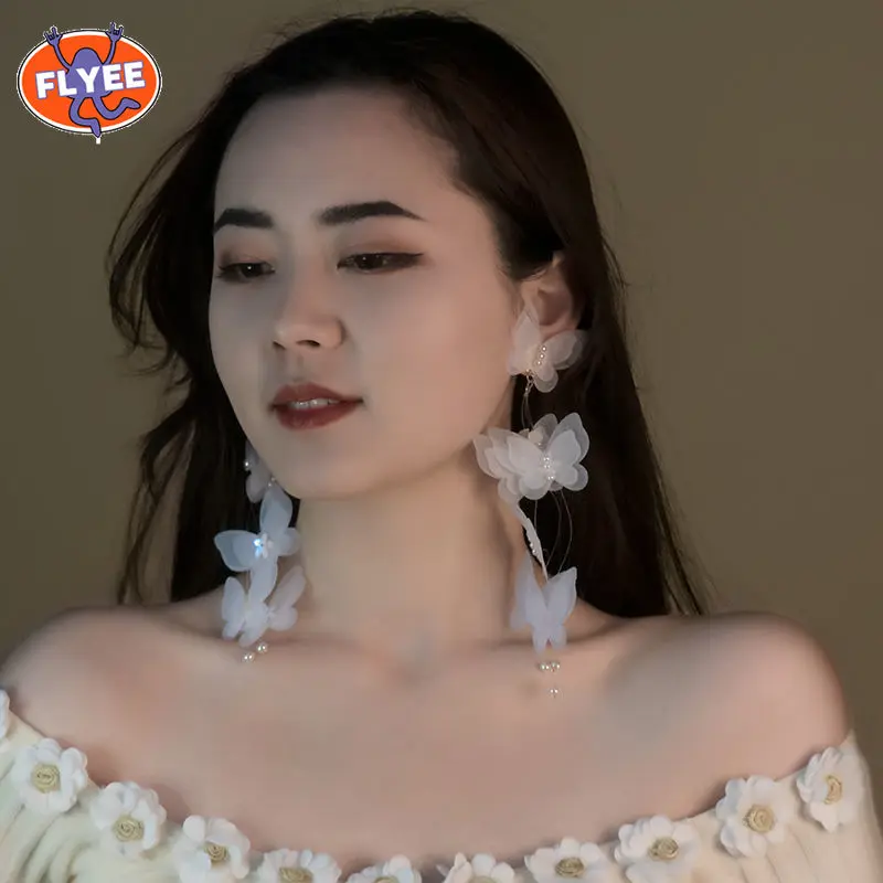 

New Korean Elegant Mesh White Flower Long Tassel Drop Earrings For Women Girls Sweet Butterfly Pendientes Jewelry