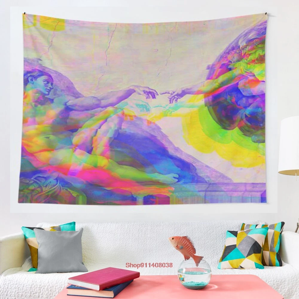 

The Creation of Adam from Michelangelo Glitched Digitally Enhanced tapestry Wall Hanging Tapestry for Home Dorm Fantasy Decor