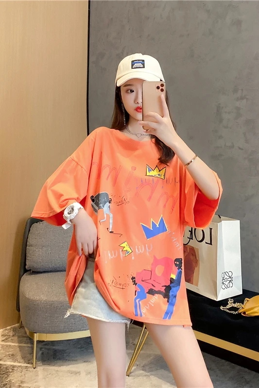

Houthion Women's T-shirt New Casual Fashion Loose Plus Size Mid-length T Shirt Cartoon Letter Print Short Sleeve O-neck Top