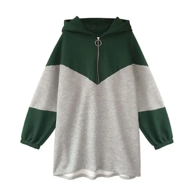 

Oversized Hoodies Sweatshirt Women Casual Fashion Patchwork Long Sleeve Zip Pullovers Mid Long Female Outwear Vogue Sweatshirt