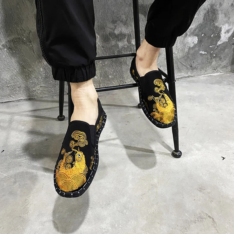 Туфли мужские резиновые с вышивкой парусиновые эспадрильи лоферы прочные