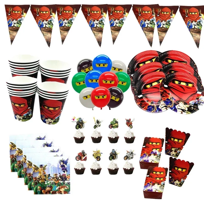 Vajilla de decoraci&oacute;n de fiesta tem&aacute;tica Ninja para ni&ntilde;os, vasos de papel, platos, sombreros, pancarta de Baby Shower, suministros para fiesta de cumplea&ntilde;os, 82 unids/lote-0