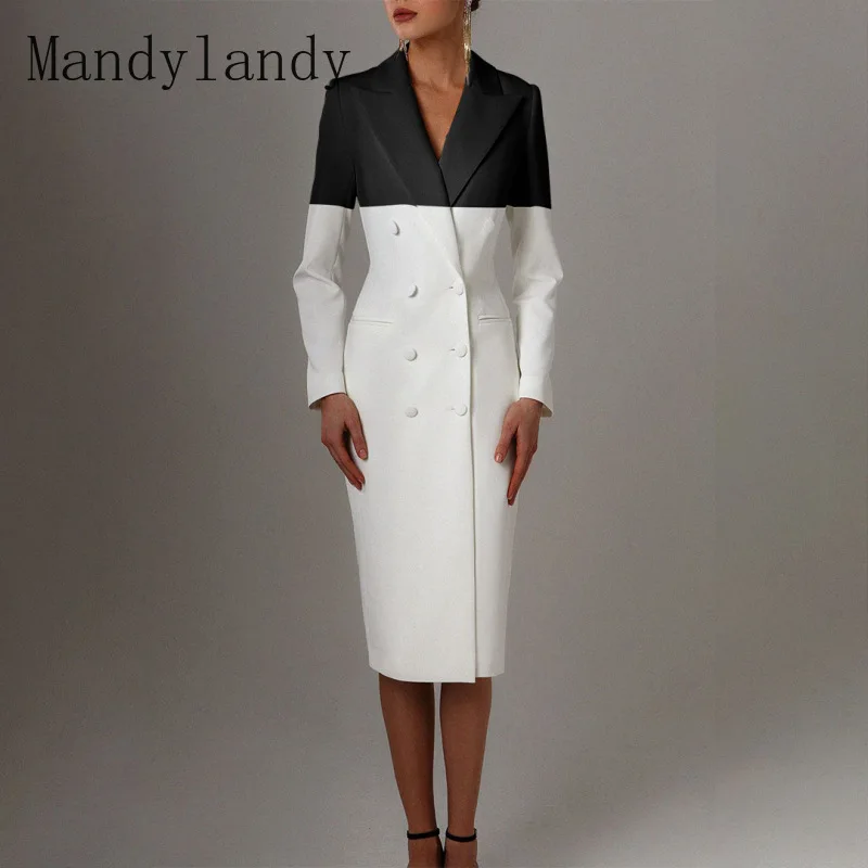 

Mandylandy Women Office Lady Work Dress Turn Down Collar Long Sleeve Buttons Vertical Black white Patchwork Bodycon Blazer Dress