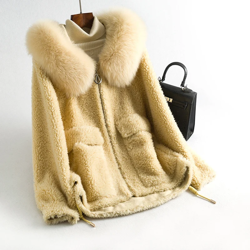 Пальто из натурального меха женское с воротником лисьего пальто 100% шерсти зимнее