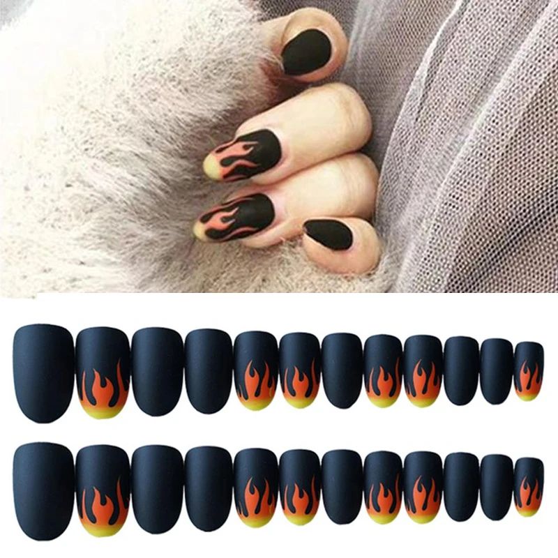 24 шт./компл. панк пламя узор накладные ногти Пресс на Съемная матовое стекло