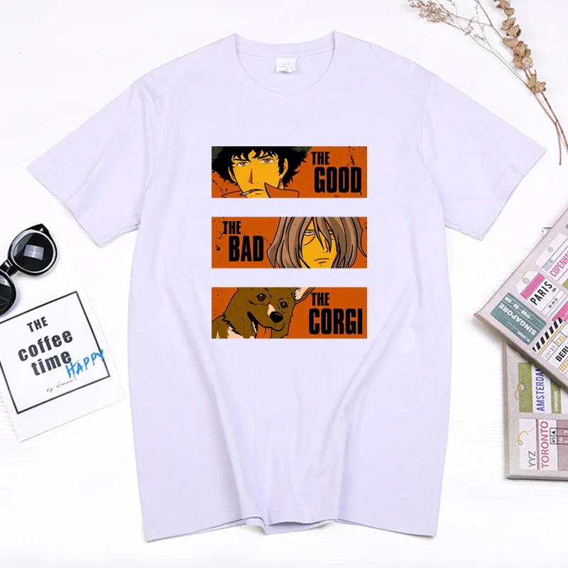 

Fashion Vintage Cowboy Bebop Anime Women Men T-shirt The Good The Bad The Corgi Letter Printed Tops Loose Soft Summer T Shirt