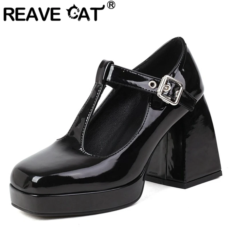

REAVE CAT Ladies Pumps Square Toe Hoof High Heels T-bar Buckle Strap Platform Shoes Big Size 34-47 Red Black White Spring A4605