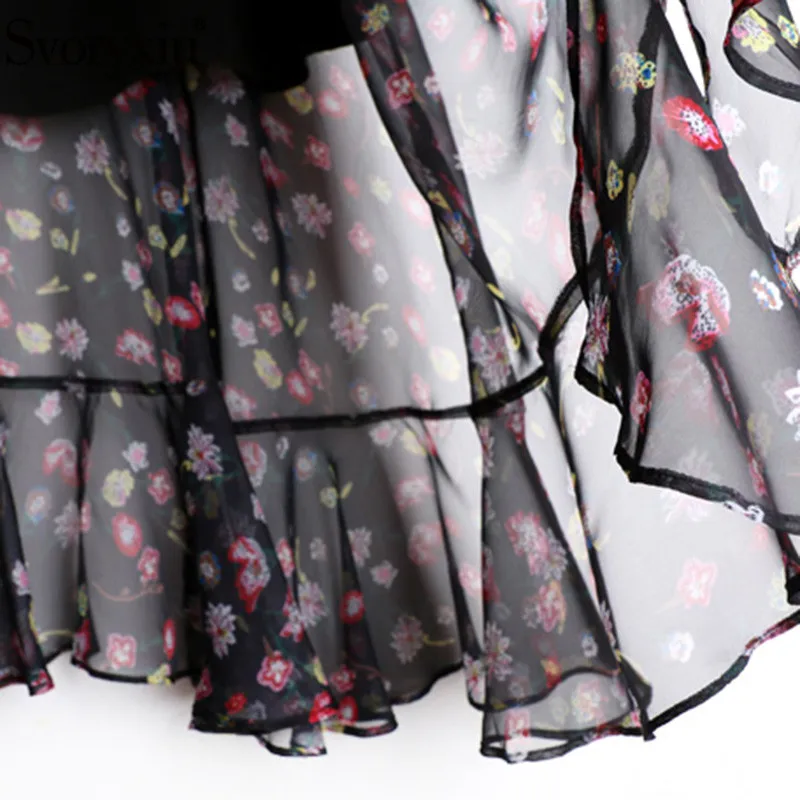 

Svoryxiu Designer Summer Sexy Diamond V-Neck Long Dress Women's Elegant Ruffles Sleeve Black Flower Print Vintage Dresses