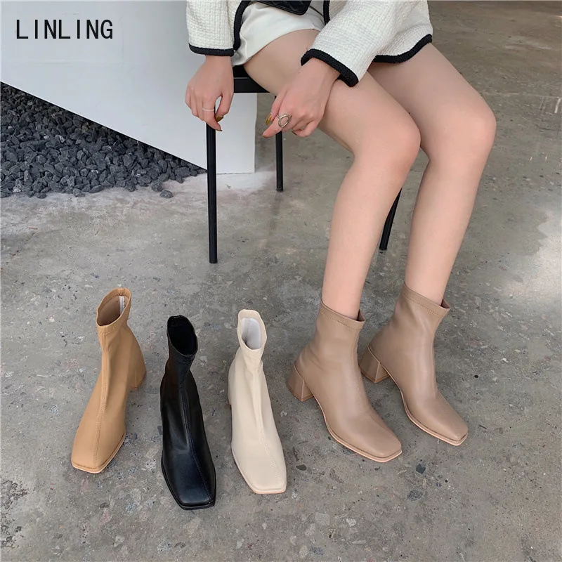 

Зимняя обувь 2021, женские ботильоны на высоком каблуке 5 см, модные мягкие кожаные женские короткие ботинки на молнии, черные женские ботинки ...