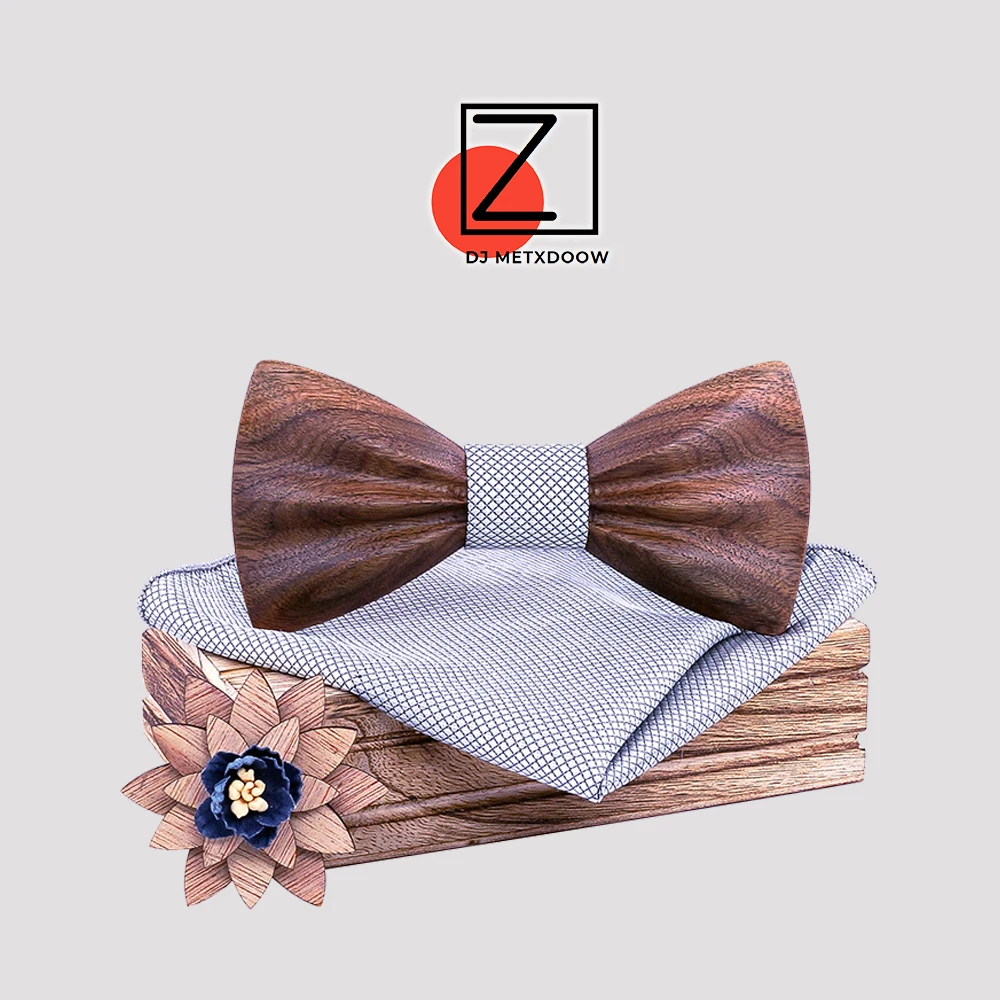

New Design Wood Bow Tie For Wedding Solid Plaid Pocket Square Cufflinks Brooch Bowtie Set Suit Mens Hanky Ties cadeau homme