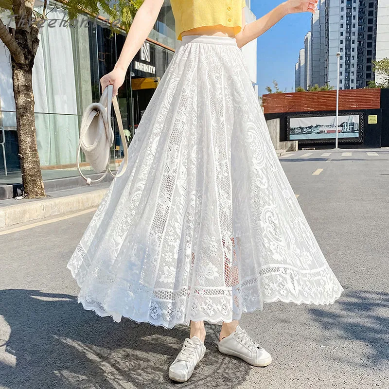 

New 2021 Summer Woman Casual Elegant Lace Skirt High Waist A-line Solid Pleated Ankle-length Female Sweet Fashion Skirt