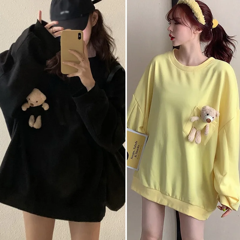 

Women Korean Style Cute Bear Oversize Tops Girl Students Early Autumn Long-sleeved Loose Pullover Sweatshirts 4 Color