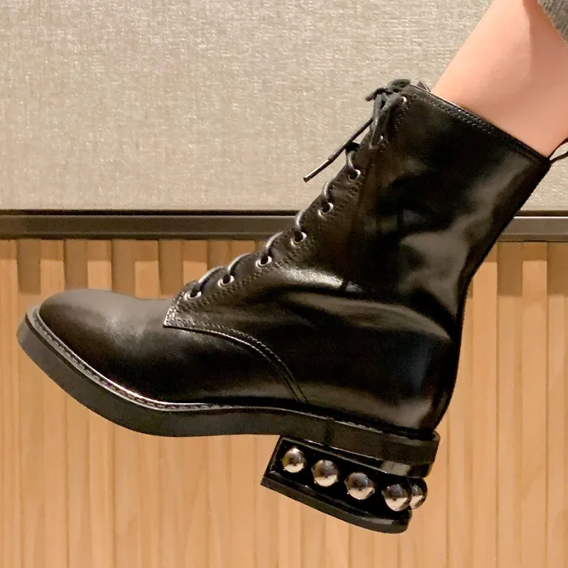 Новинка настоящий жемчуг BeadingLeather сезон осень-зима ботильоны с круглым носком на