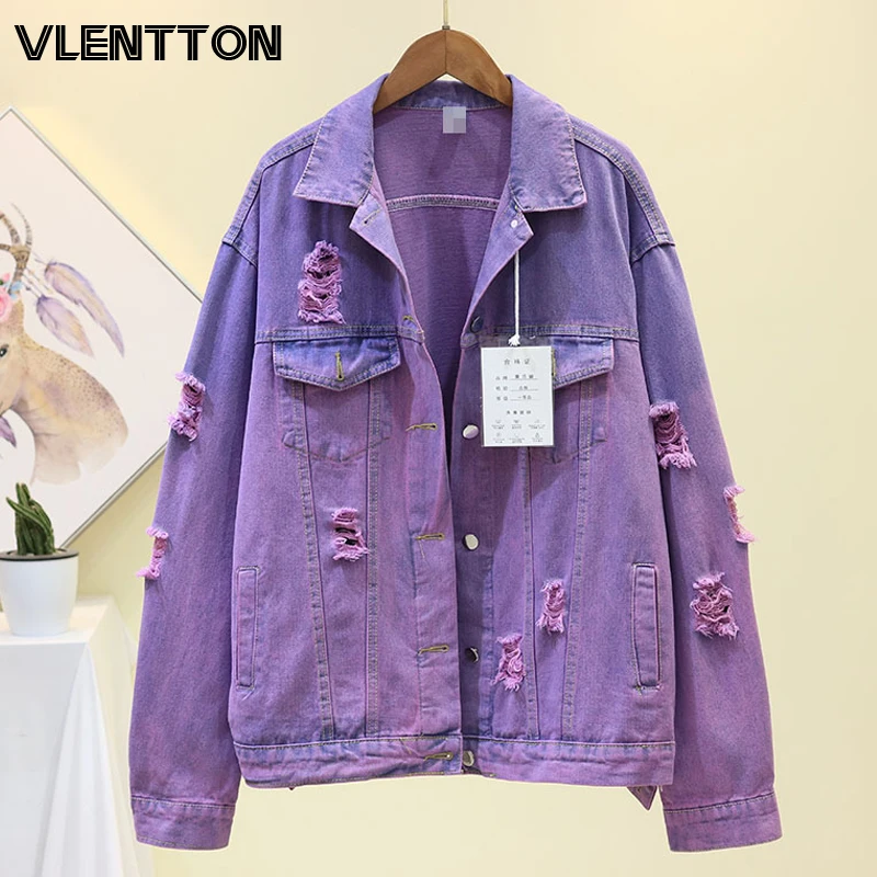 Весна-Осень 2020 Женские винтажные джинсовые куртки с градиентными отверстиями
