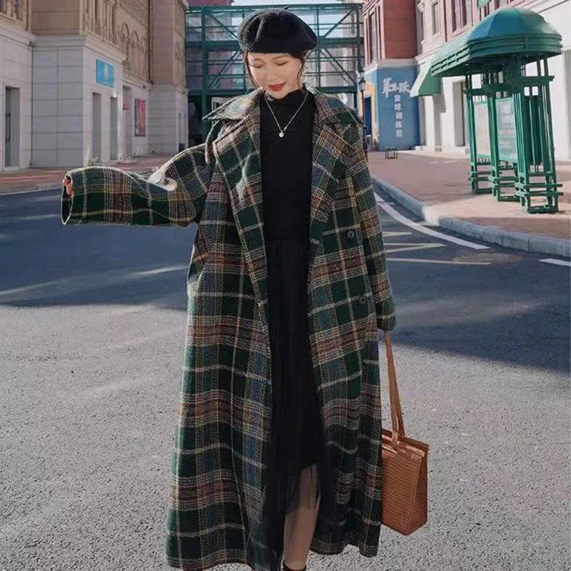 

2021 Women Long Elegant Fashion Double Breasted Plaid Wool Coats Outerwear Winter Jackets Casual Warm Blends Female Windbreaker