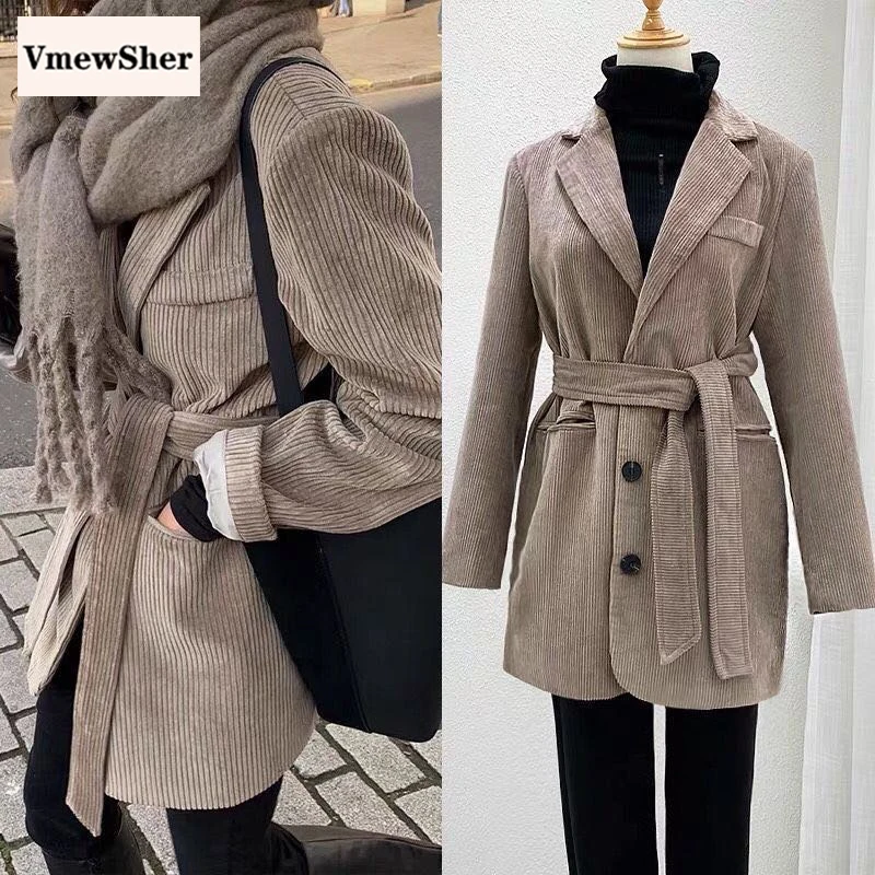 

VmewSher Новинка; Элегантная женская Повседневная вельветовый костюм с блейзером с поясом куртка на весну-осень с длинным рукавом Зубчатый Куртка с воротником