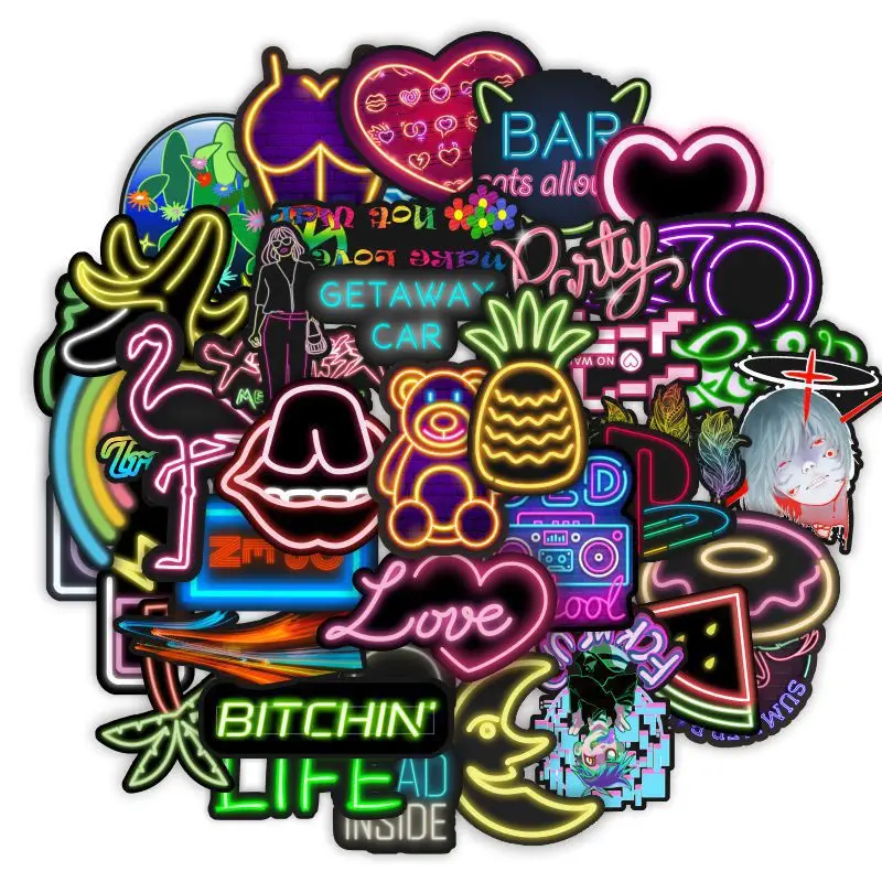 

10/30/50Pcs Ins Neon Sticker Cartoon Laptop Stickers Motorcycle Guitar Stationery Book Helmet Stickers Wholesale Hot Selling