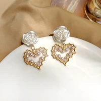 925 silver needle delicate jewelry resin flower earrings sweet simulated pearl heart drop earrings for girl lady gift wholesale