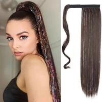 merisihair synthetic long straight ponytail hairpiece wrap on clip hair extensions brown tinsel laser ponytail colored fack hair