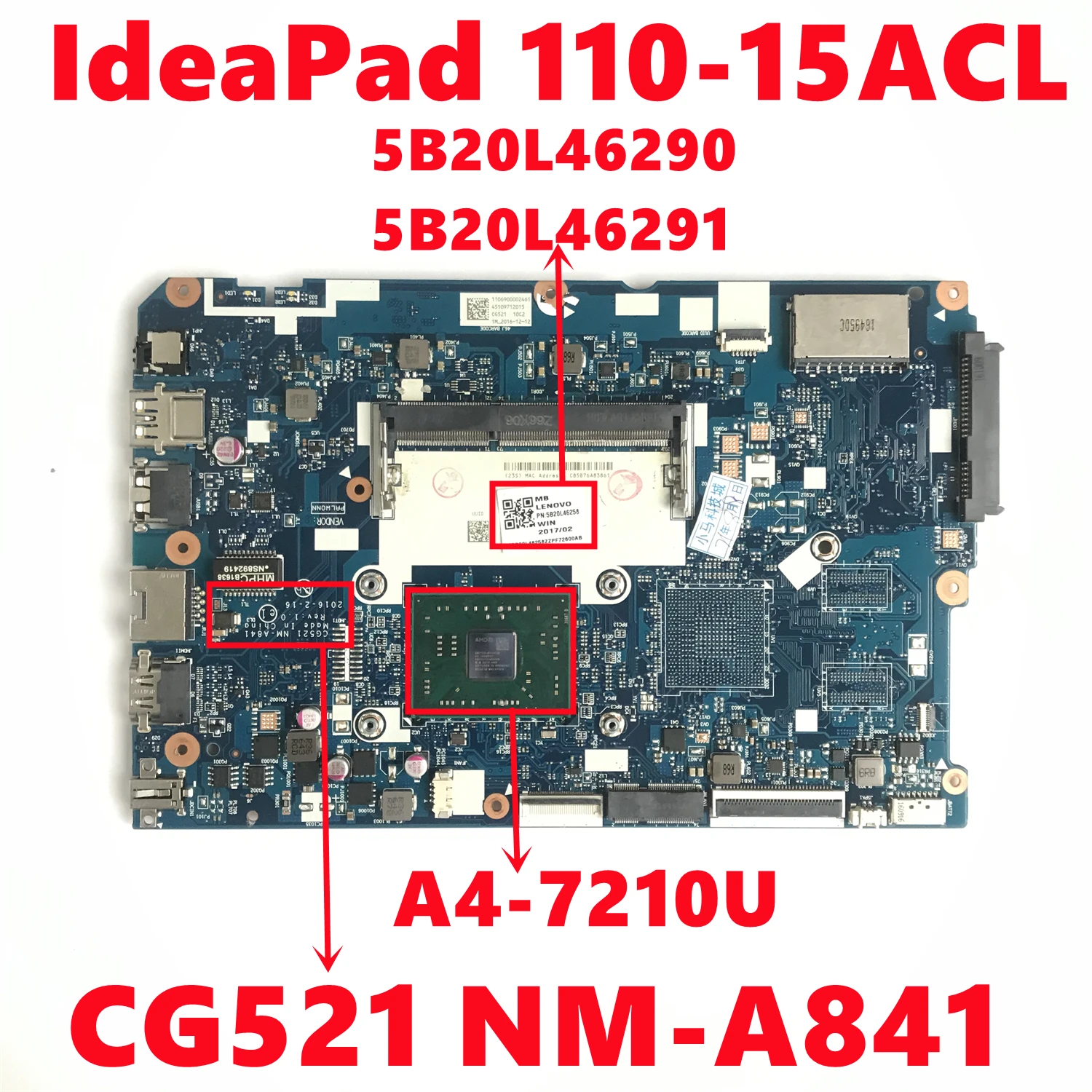 FRU:5B20L46290 5B20L46291 For Lenovo IdeaPad 110-15ACL Laptop Motherboard CG521 NM-A841 With AMD A4-7210U DDR3 100% Test Working