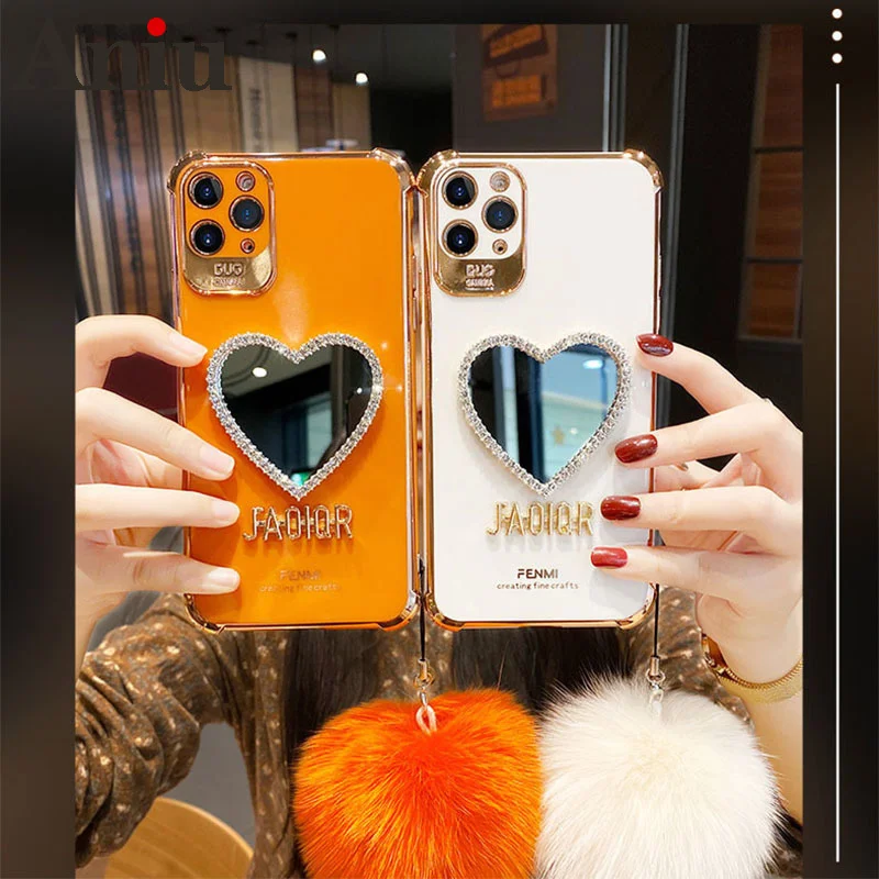 

Luxury Plating Love Heart Mirror Hairball Phone Case For Iphone 13 12 11 Pro Max 7 Plus X XR Fashion Glitter Soft Silicone Cover