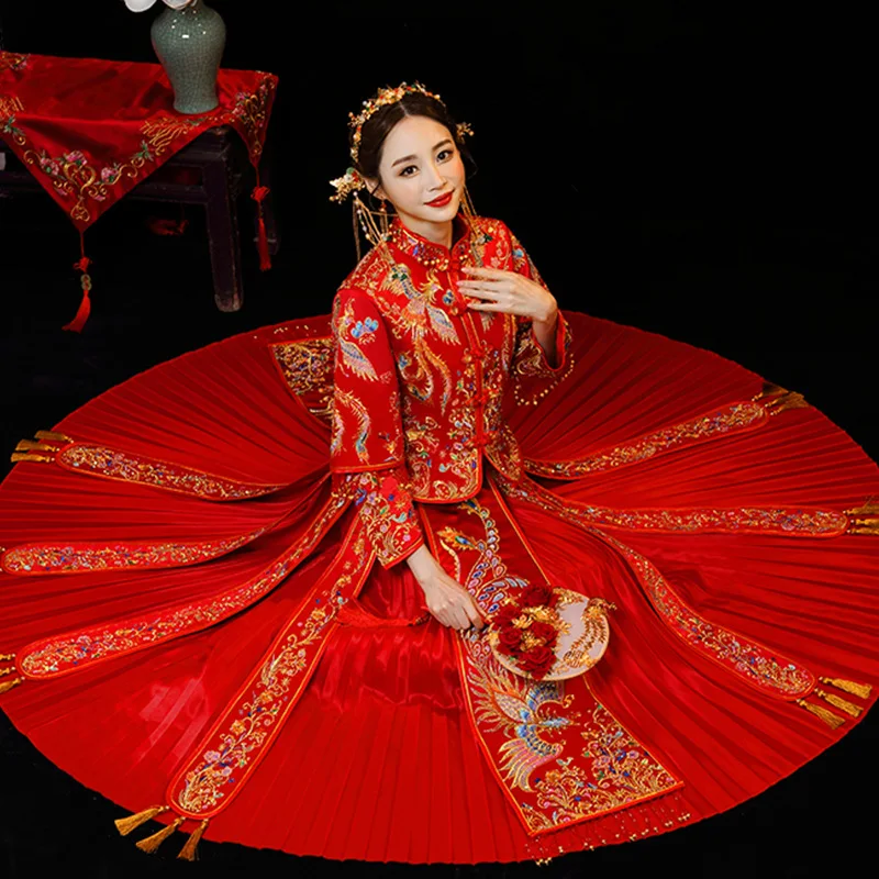 

High-end Embroidery Phoenix Traditional Bride Wedding Dress Satin Vintage Cheongsam Oriental Classic Vestidos китайское платье