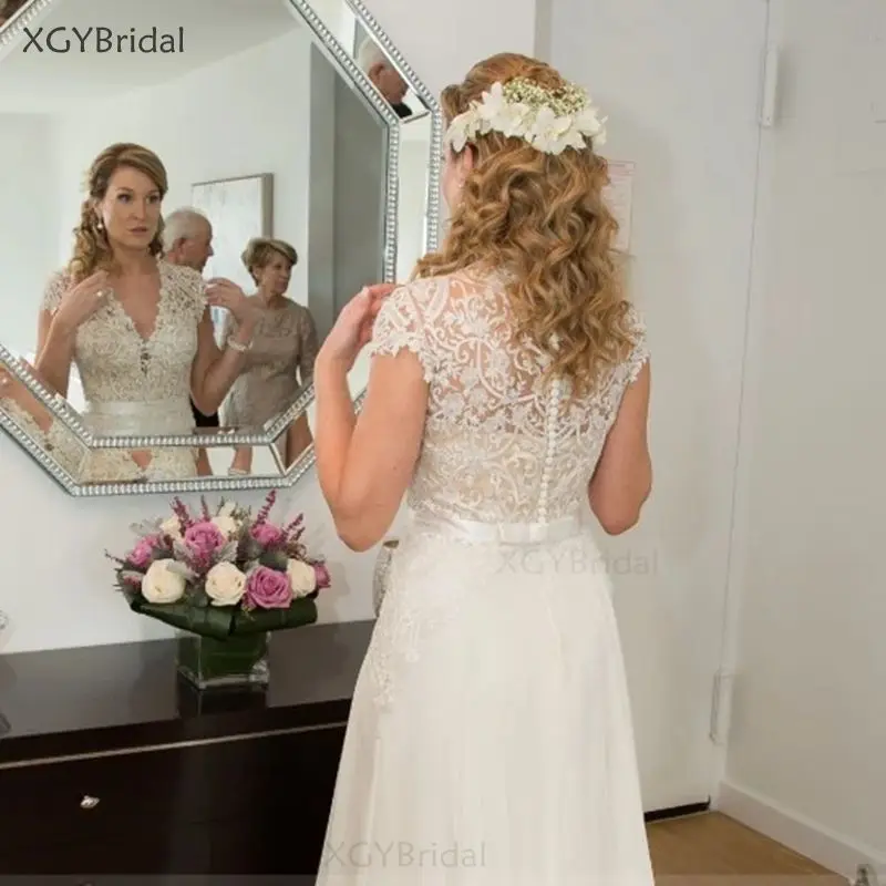 

New Arrival Wedding Dresses 2021 Gorgeous Illusion Lace Cap Sleeve Bridal Gown Appliques Belt Chiffon Vestido De Noiva