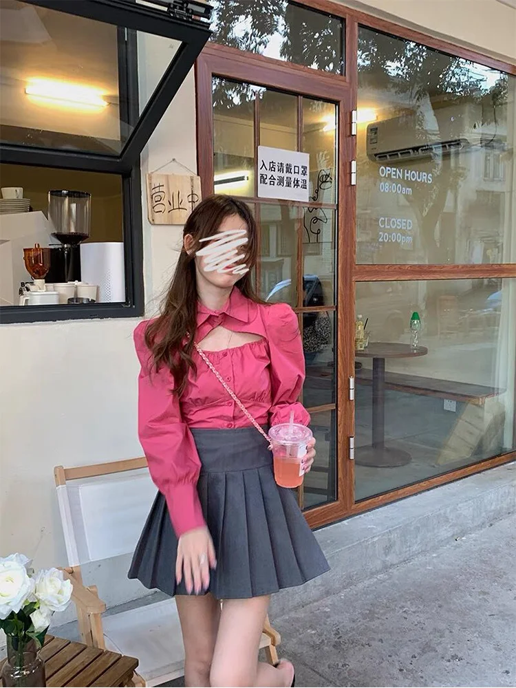 Женская рубашка с открытым воротником однобортная приталенная длинным рукавом