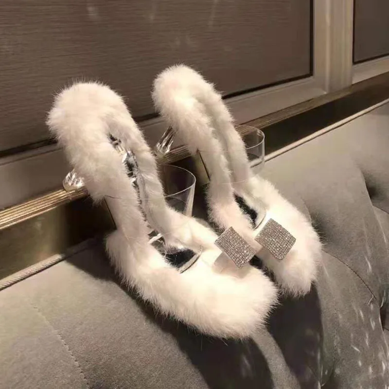 Новинка 2020 женские туфли со стразами из ПВХ меховые шлепанцы на высоком
