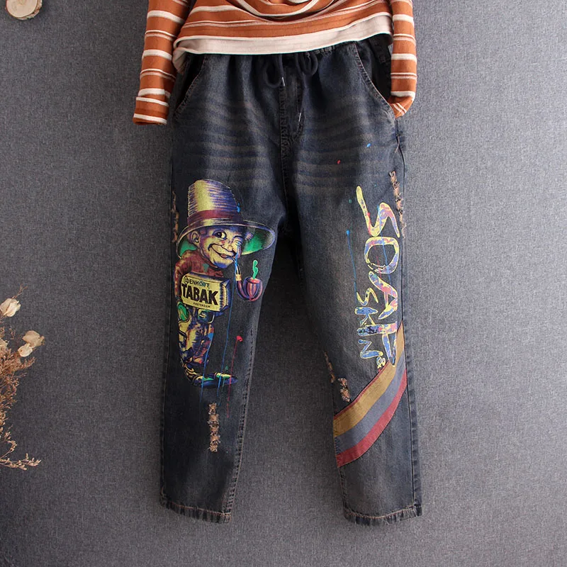 

Vintage Clown Letter print Women's Jeans loose Trousers plus Size Embroidery Casual Fashion Denim Harem Pants Cott on Streetwear