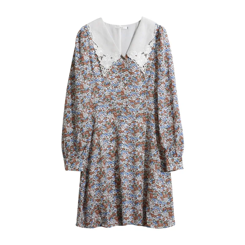 

TVVOVVIN Hollow Peter Pan Collar Short Dress Long Sleeve Print High Waist Slim Sweet A-line Dress Spring New 10EP