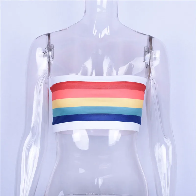 

2021 Summer Sexy Tube Crop Tops Girl Strapless Bustier Stripe Rainbow Bandeau Striped Bralette Brassier Streetwear Women Clothes