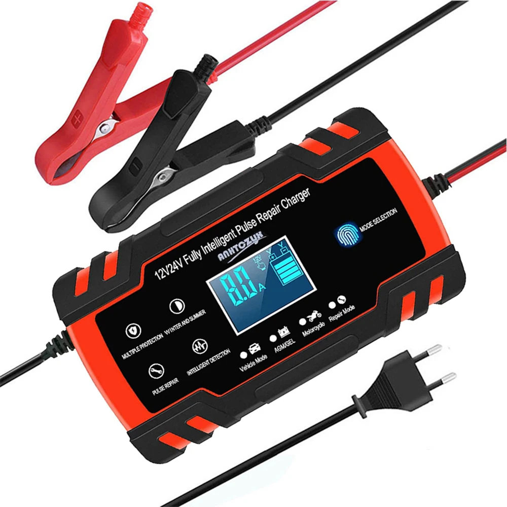 

Motorcycle&Car Battery Charger 12/24V 8A Touch Screen Pulse Repair LCD Fast Power Charging Wet Dry Lead Acid Digital LCD Display