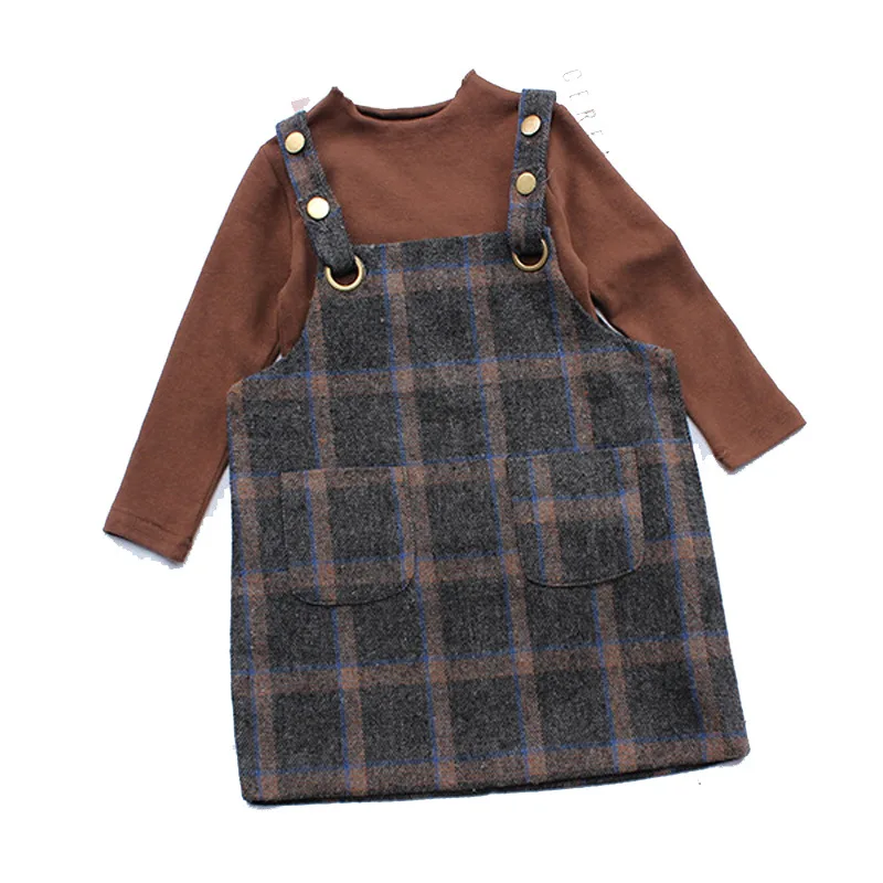 

Комплект одежды для девочек, Однотонная рубашка с длинным рукавом + платье в клетку на бретельках, повседневная одежда для девочек 2-7 лет, де...