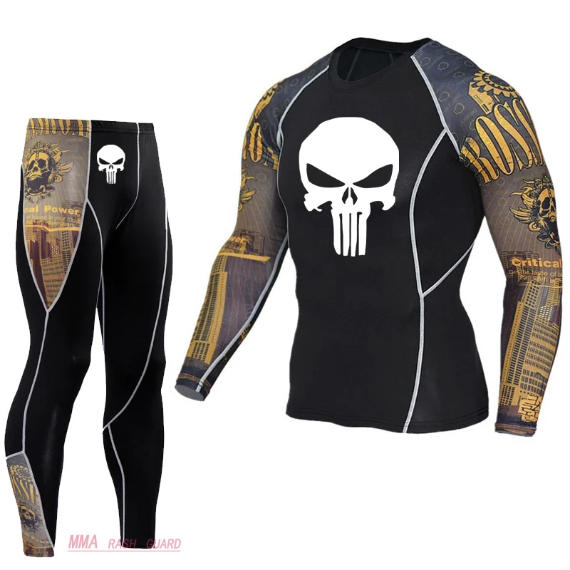 

Men's Gym Jogging suit Running tights Skull MMA Tactical underwear Exercise T-shirt leggings rashgard Male base layer Sport Set