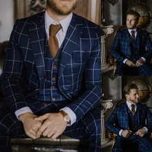 Costume à carreaux bleu marine pour homme, costume formel, pantalon sur mesure, ensemble de Tuxedos en Tweed, en laine, vêtements de soirée et d'affaires  (3)