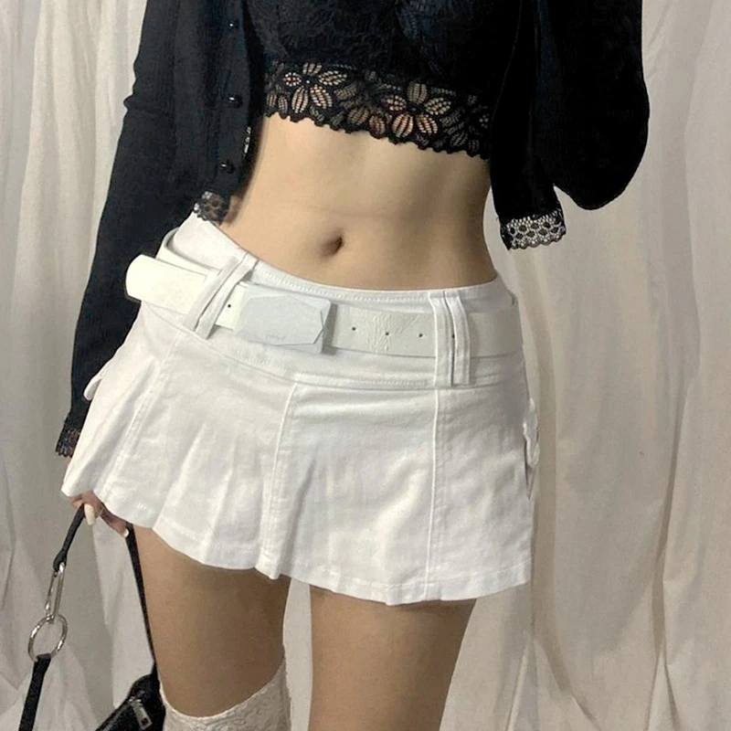 

K3NF Women Gothic Punk Sexy Low Waist Pleated Micro Denim Skirt Harajuku Solid Color A-Line Flare Hem Vintage Casual Slim with