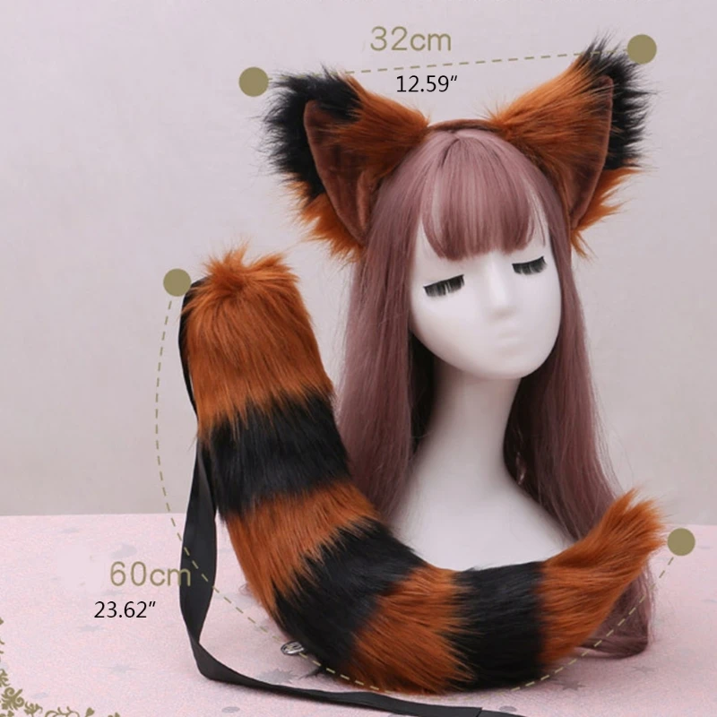 2 Pcs Realistic Furry Cat Ears Headband Tail Set Contrast Color Fluffy Plush Striped Animal Cosplay Costume Accessories | Тематическая