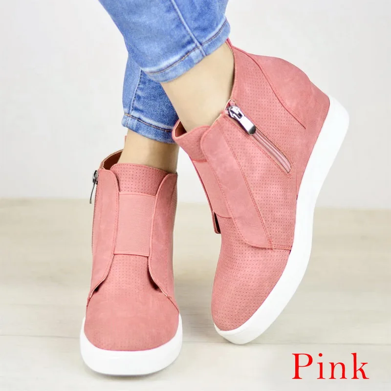 Pink SHUJIN/Прямая ; женская обувь из вулканизированной кожи; удобные кожаные ботильоны; женская повседневная обувь на плоской подошве на молнии; модные кроссовки в стиле ретро - Цвет: Pink
